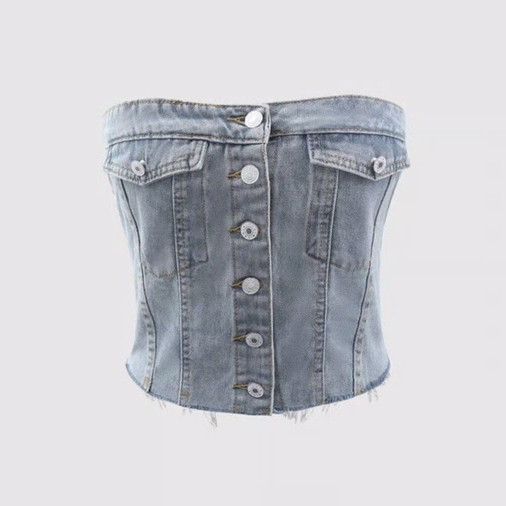 Micas Light Denim Strapless Crop Top w/ Frayed Hem Button-Front NWT